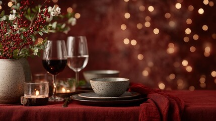 Fototapeta premium Festive Christmas and New Year red table setting with candles, wine glasses, small dishes, dark burgundy wall with bokeh lights, elegant holiday background, space for text, cozy celebratory scene