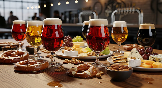 Craft beer tasting flight with delicious gourmet cheese and pretzel appetizers for a modern brewery experience, perfect for happy hour gatherings and celebrating good times together