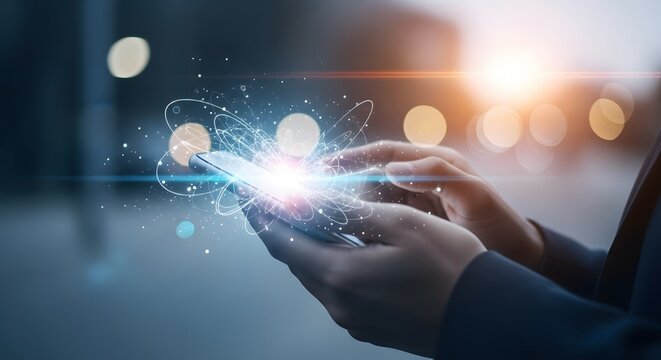 Person using a smartphone with digital network overlay technology and communication concept bokeh ba - Powered by Adobe