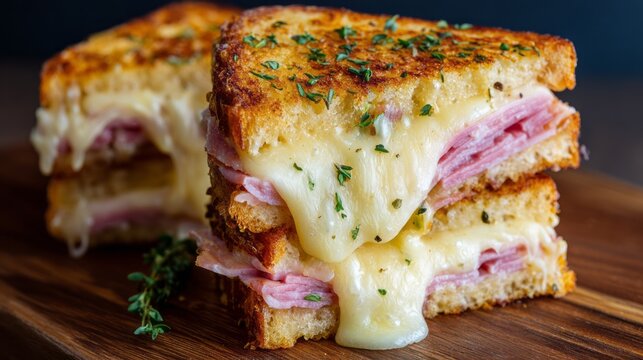 Delicious croque monsieur sandwich with layers of ham and melted cheese, golden brown toasted bread, garnished with fresh herbs, savory french gourmet snack perfect for breakfast or brunch