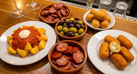 Savor the Flavors Authentic Spanish Tapas Selection with Patatas Bravas, Chorizo, Croquettes, and Olives for a Delicious Culinary Experience, Perfect for Sharing and Enjoying Together