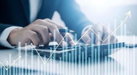 Businessman calculating financial data with rising graph for business growth and investment strategy