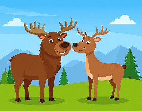Cartoon elk and deer smiling happily in a mountainous landscape