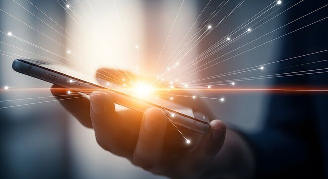 Hand holding smartphone with light rays representing connectivity and communication for technology c - Powered by Adobe