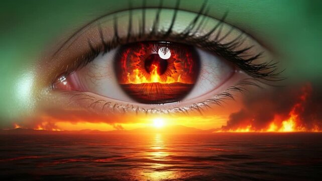 Closeup of a human eye reflecting a fiery landscape with burning horizon and orange sunset