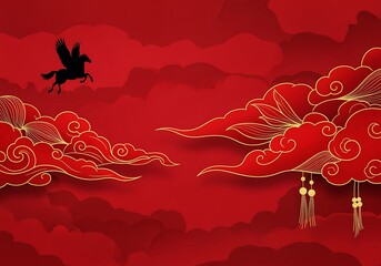 Flying Horse Silhouette with Red Clouds Background Illustration