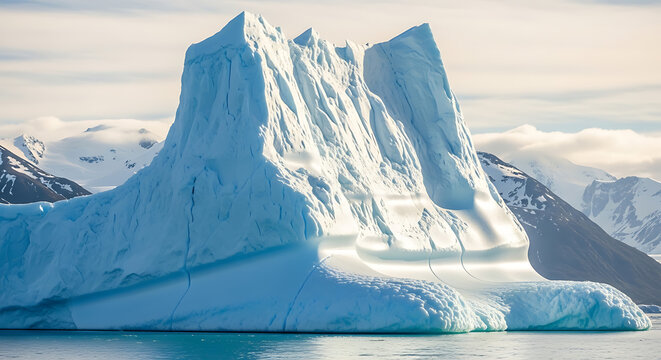 Stunning glacial iceberg floating serenely in arctic waters with majestic mountains in the background evoking a sense of wonder and awe at the beauty of the polar landscape