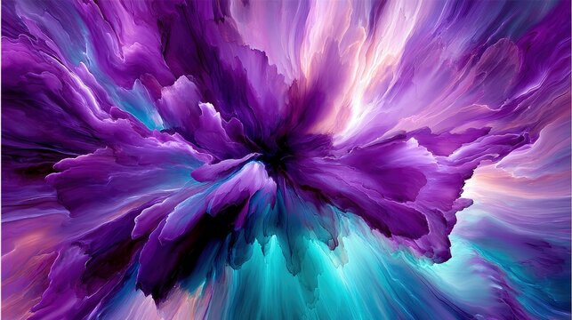 An abstract image featuring a dynamic explosion of purple and teal ink swirling in water, creating a sense of energetic movement and vibrant color. The lighting