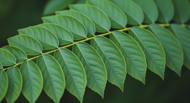 Close-up of a vibrant green compound leaf with leaflets arranged in a perfect symmetrical pattern against a soft blurred background