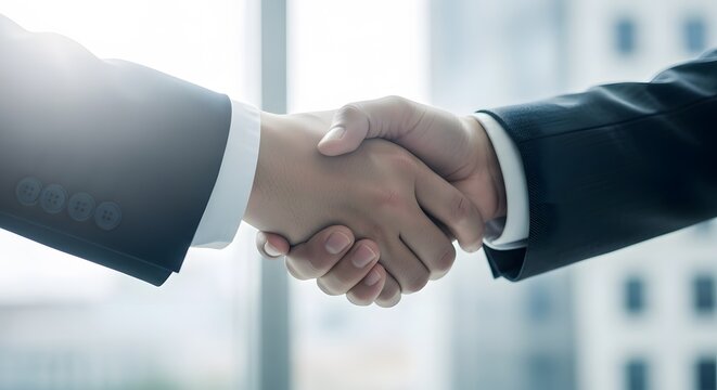 Business handshake close-up of two businessmen shaking hands symbolizing partnership and agreement