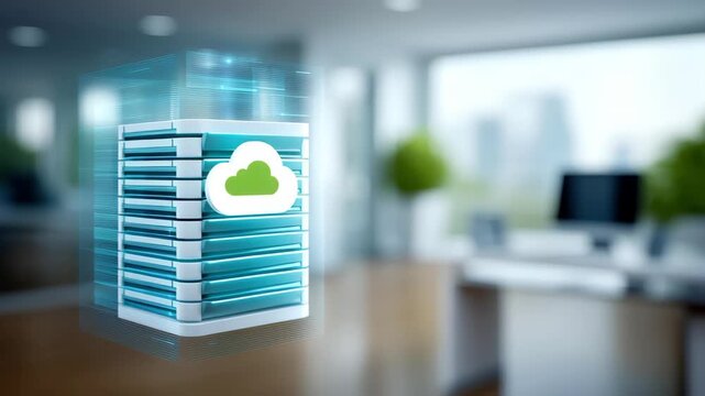 Cloud server stack and rack with glowing data connections, secure storage, network technology