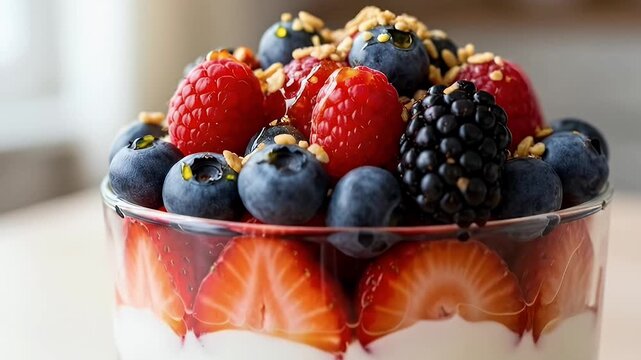 A vibrant close-up shot of a delicious berry parfait presented in a clear glass, showcasing delightful layers of creamy white yogurt, fresh sliced red strawberries, succulent raspberries, plump bluebe