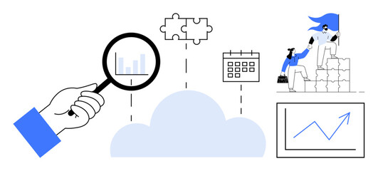 Magnifying glass analyzing data, cloud with puzzle piece and calendar, team collaboration, progress chart. Ideal for teamwork, leadership, problem-solving, business growth, analytics time