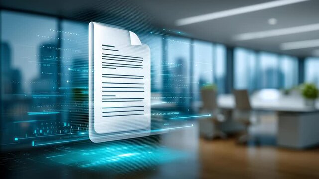 Modern document icon floating in office with digital data lines and office productivity motion