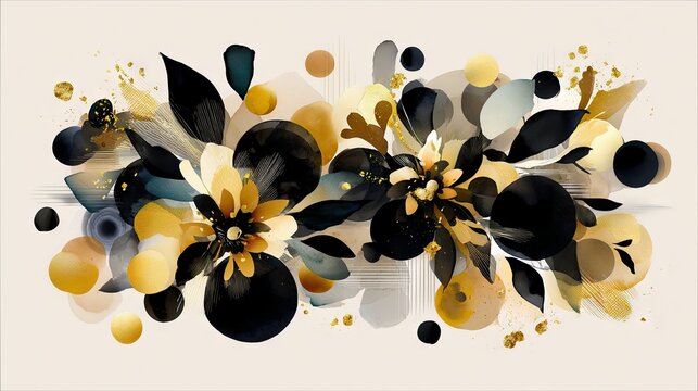 An abstract artistic composition featuring stylized floral elements and circular shapes in black, gold, and muted tones, set against a neutral beige backdrop.