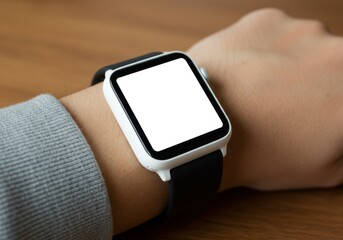 Closeup of a person wearing a modern smartwatch with a blank white screen on a wooden table background, perfect for mockup