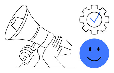 Communication concept. Communication tools including megaphone and elements thumbs up efficiency gear and happy face. Communication improving teamwork and spreading positive messages. For marketing
