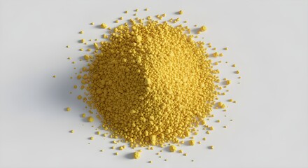 A detailed top-down shot of a conical heap of fine yellow powder, an abstract textural background concept isolated on a clean white surface