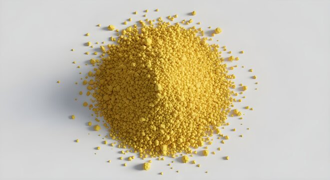 A detailed top-down shot of a conical heap of fine yellow powder, an abstract textural background concept isolated on a clean white surface - Powered by Adobe