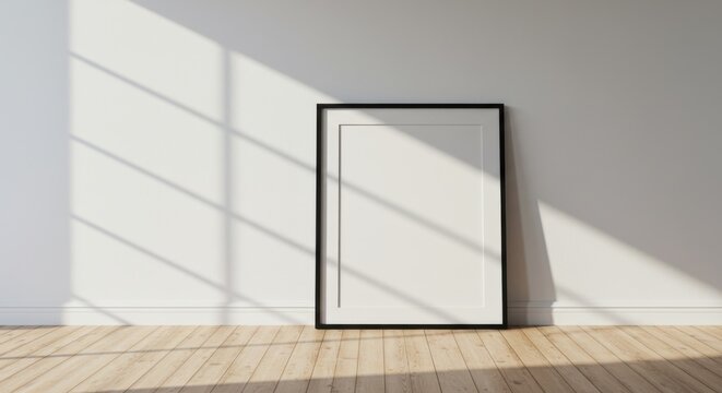 Blank black picture frame leaning against a white wall with strong diagonal sunlight shadows creating a grid pattern on the floor and wall