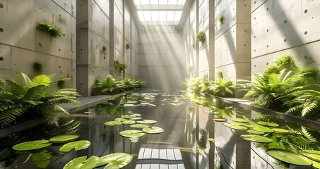 Modern Internal Lilly Pond Courtyard Minimalist Raw Concrete Japanese Style Dramatic Sunlight Beams Serene Water Reflection Lush Greenery Elegant Design Tranquil Ambiance (AI-Generated)