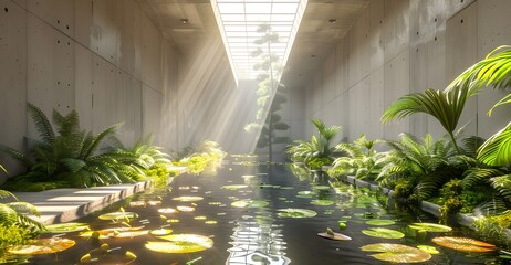 Modern Internal Lilly Pond Courtyard Minimalist Raw Concrete Japanese Style Dramatic Sunlight Beams Serene Water Reflection Lush Greenery Elegant Design Tranquil Ambiance (AI-Generated)