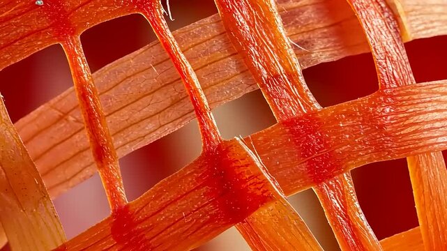 Close up macro shot of woven orange plastic material texture.