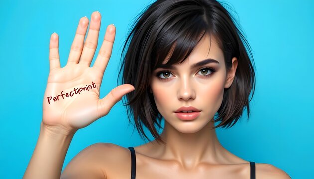 Beautiful woman show her palm written PERFECTIONIST - person who sets excessively high standards and strives for flawlessness in themselves and others