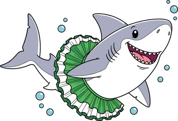 Cute cartoon shark mascot wearing a green ballerina tutu, funny swimming animal character vector illustration, happy fish isolated on white.