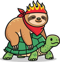 Funny cartoon sloth with fire bandana riding a turtle, slow animal race mascot vector illustration, isolated on white background.