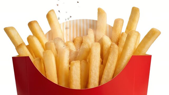 A vibrant, close-up studio shot showcases a classic serving of golden, crispy french fries, presented neatly upright in a bright red, generic container with a subtle striped interior. Each tempting po