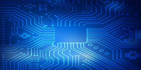 Blue Circuit Board Pattern With Traces And Microchips, Tech Background For Digital Concepts
