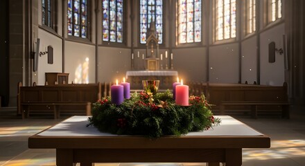 Christian Advent Wreath with four lit candles on church altar for holiday season isolated PNG with Transparent Background