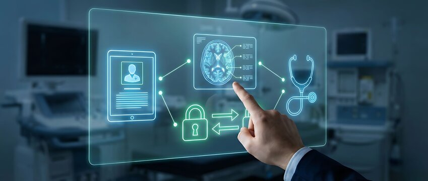 Cutting-edge digital healthcare is here with secure patient data and innovative brain scan analysis displayed on a modern interface for medical professionals