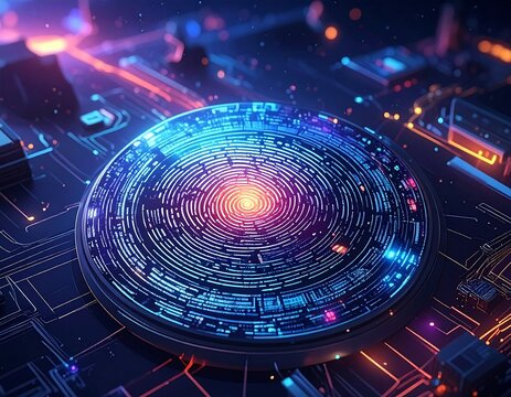 Futuristic digital circuit with glowing blue and orange concentric circles