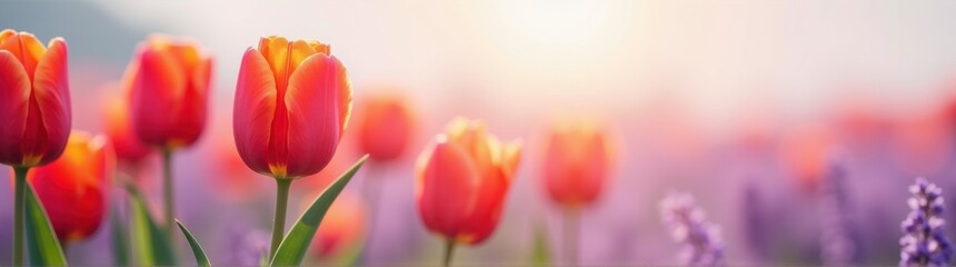 Many red tulips in a field of purple flowers