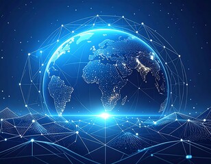 Global digital network overlaying a glowing blue Earth sphere