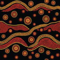 Australian aboriginal indigenous abstract seamless vector pattern with red, orange and yellow dotted circles, curved lines and tribal elements on black background