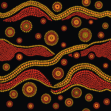 Australian aboriginal indigenous abstract seamless vector pattern with red, orange and yellow dotted circles, curved lines and tribal elements on black background