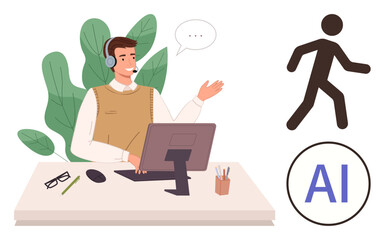 Man with headset gestures during online communication near desktop, plant outline, AI label, walking icon. Ideal for AI technology, remote work, customer service, chatbots, innovation virtual
