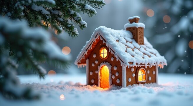 Small ginger house with a lit window in the snow