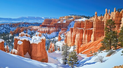The otherworldly rock formations (hoodoos) of Bryce Canyon National Park in winter, the red rock pillars capped with fresh white snow, stark contrast against a clear blue sky, magical. 