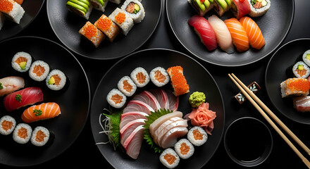 A visually appealing display of diverse sushi and sashimi variations on dark plates