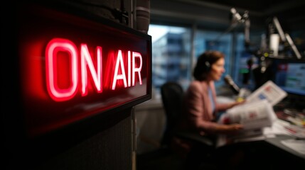 News anchor in radio booth with headline papers and red ON AIR sign, media broadcast concept