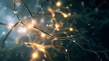 Neural network intertwined with plant branches in glowing light