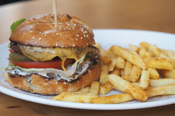 Juicy burger with fries served on a white plate