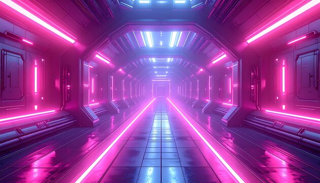 Futuristic hallway lit with neon pink and blue (1)