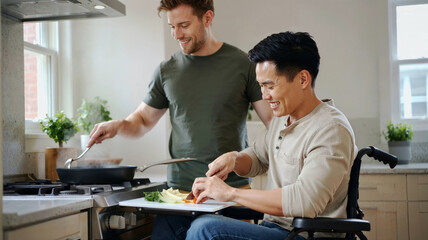 Happy diverse gay couple cooking meal together in their home kitchen