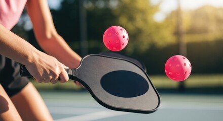 Woman playing paddle tennis, two paddles and pink balls in mid-air