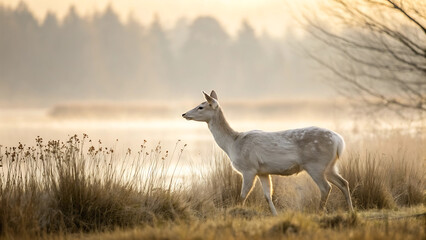 Albino deer walking in a field on a foggy morning